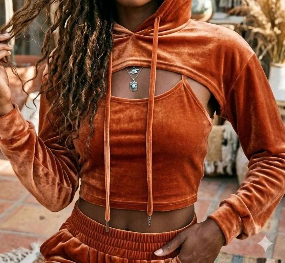 NEW SURELYMINE malibu vintage relaxed velvet cropped hoodie set in rust - Picture 1 of 1